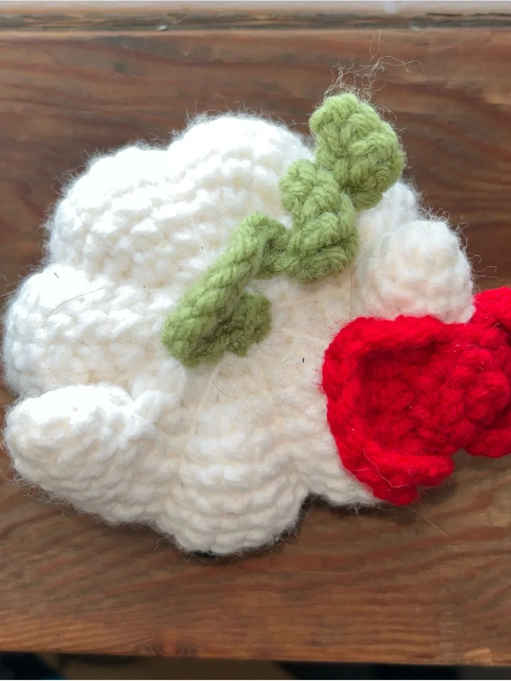 Handmade White Crochet Cat Plush with Red Flower
